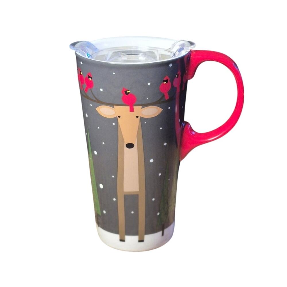 Cypress Home Holiday Christmas Reindeer Travel Mug Ceramic 17oz